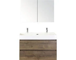 Badkamermeubelset Maxx XL 100 Cm 2 Kraangaten Incl. Spiegelkast Dubbelzijdig Gespiegeld Tabacco