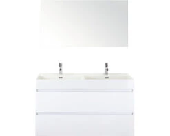 Badkamermeubelset Maxx XL 120 Cm Dubbele Wastafel 2 Kraangaten Incl. Spiegel Wit Hoogglans