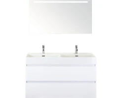 Badkamermeubelset Maxx XL 120 Cm Dubbele Wastafel 2 Kraangaten Incl. Spiegel Met Verlichting Wit Hoogglans