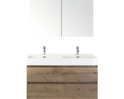 Badkamermeubelset Maxx XL 120 Cm Dubbele Wastafel 2 Kraangaten Incl. Spiegelkast Dubbelzijdig Gespiegeld Tabacco