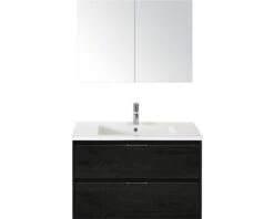 Badkamermeubelset Porto 90 Cm Keramische Wastafel Incl. Spiegelkast Black Oak