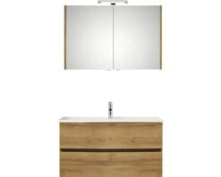 PELIPAL Badkamermeubelset Cavallino Greeploos 100 Cm Incl. Spiegelkast Met Verlichting Riviera Eiken