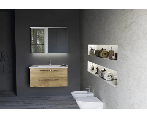 Badkamermeubelset Seville 100 Cm Kunststeen Wastafel 2 Kraangaten Incl. Spiegel Met Verlichting Natuur Eiken 7 Badkamermeubelset Seville 100 Cm Kunststeen Wastafel 2 Kraangaten Incl. Spiegel Met Verlichting Natuur Eiken - Afbeelding 5