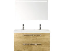 Badkamermeubelset Seville 100 Cm Kunststeen Wastafel 2 Kraangaten Incl. Spiegel Met Verlichting Natuur Eiken