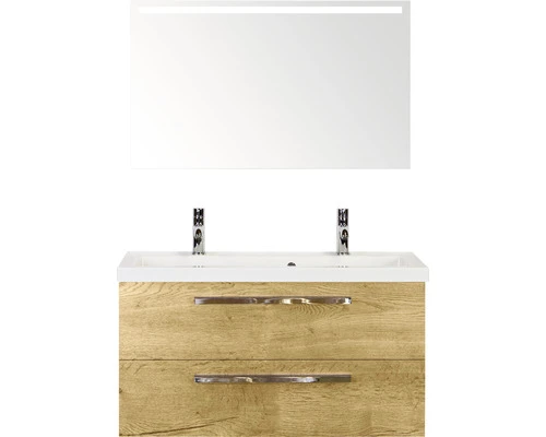 Badkamermeubelset Seville 100 Cm Kunststeen Wastafel 2 Kraangaten Incl. Spiegel Met Verlichting Natuur Eiken 3 Badkamermeubelset Seville 100 Cm Kunststeen Wastafel 2 Kraangaten Incl. Spiegel Met Verlichting Natuur Eiken