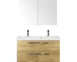 Badkamermeubelset Seville 100 Cm Kunststeen Wastafel 2 Kraangaten Incl. Spiegelkast Natuur Eiken