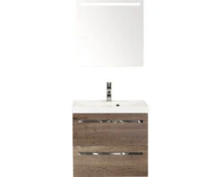 Badkamermeubelset Seville 60 Cm Kunststeen Wastafel Incl. Spiegel Met Verlichting Tabacco
