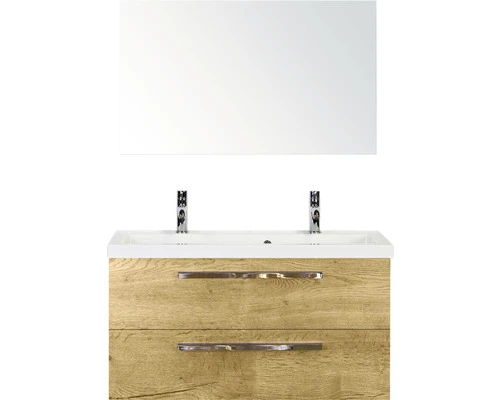 Badkamermeubelset Seville 100 Cm Kunststeen Wastafel 2 Kraangaten Incl. Spiegel Natuur Eiken 3 Badkamermeubelset Seville 100 Cm Kunststeen Wastafel 2 Kraangaten Incl. Spiegel Natuur Eiken
