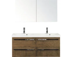 Badkamermeubelset Seville 120 Cm Kunststeen Wastafel Incl. Spiegelkast Tabacco