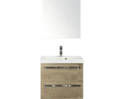 Badkamermeubelset Seville 60 Cm Kunststeen Wastafel Incl. Spiegelkast Natuur Eiken