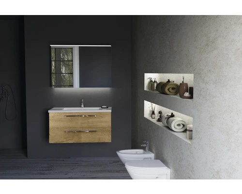 Badkamermeubelset Seville 80 Cm Keramische Wastafel Incl. Spiegel Met Verlichting Natuur Eiken 7 Badkamermeubelset Seville 80 Cm Keramische Wastafel Incl. Spiegel Met Verlichting Natuur Eiken - Afbeelding 5