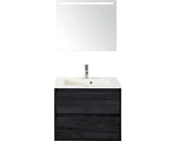 HORNBACH shop 9 Badkamermeubelset Porto 70 Cm Kunststeen Wastafel Incl. Spiegel Met Verlichting Black Oak