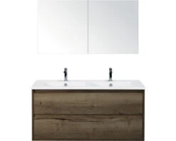 Badkamermeubelset Porto 120 Cm 2 Laden Keramische Wastafel Incl. Spiegelkast Tabacco