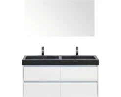 Badkamermeubelset Dante 120 Cm Natuurstenen Wastafel Incl. Spiegel Wit Hoogglans