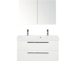 Badkamermeubelset Seville 100 Cm Kunststeen Wastafel 2 Kraangaten Incl. Spiegelkast Wit Hoogglans
