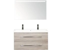 Badkamermeubelset Straight 100 Cm 2 Kraangaten Incl. Spiegel Met Verlichting Grijs Eiken