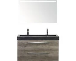 Badkamermeubelset Seville 100 Cm Natuurstenen Wastafel 2 Kraangaten Incl. Spiegel Met Verlichting Nebraska Eiken