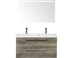 Badkamermeubelset Seville 100 Cm Kunststeen Wastafel 2 Kraangaten Incl. Spiegel Met Verlichting Nebraska Eiken