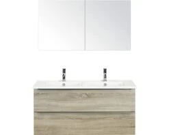 Badkamermeubelset Pulse 120 Cm 2 Laden Keramische Wastafel Incl. Spiegelkast Grijs Eiken