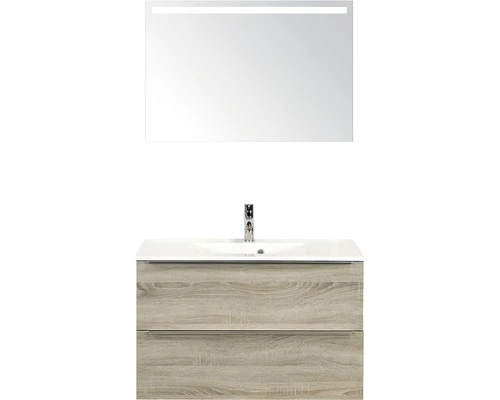 Badkamermeubelset Pulse 90 Cm Kunststeen Wastafel Incl. Spiegel Met Verlichting Grijs Eiken 3 Badkamermeubelset Pulse 90 Cm Kunststeen Wastafel Incl. Spiegel Met Verlichting Grijs Eiken