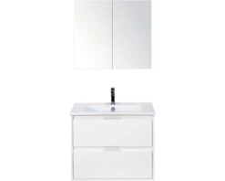 Badkamermeubelset Porto 70 Cm Keramische Wastafel Incl. Spiegelkast Wit Hoogglans