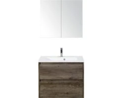 Badkamermeubelset Porto 70 Cm Kunststeen Wastafel Incl. Spiegelkast Nebraska Eiken