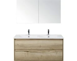 Badkamermeubelset Porto 120 Cm 2 Laden Keramische Wastafel Incl. Spiegelkast Natuur Eiken