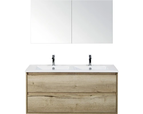 Badkamermeubelset Porto 120 Cm 2 Laden Keramische Wastafel Incl. Spiegelkast Natuur Eiken 3 Badkamermeubelset Porto 120 Cm 2 Laden Keramische Wastafel Incl. Spiegelkast Natuur Eiken