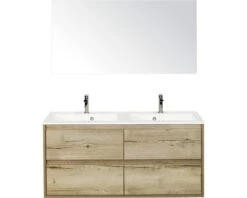Badkamermeubelset Porto 120 Cm 4 Laden Kunststeen Wastafel Incl. Spiegel Natuur Eiken